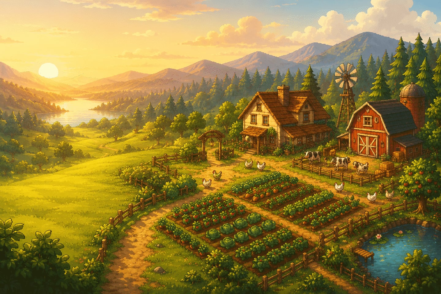 The world of RANCHO at golden hour — a farm, barn and windmill by a lake