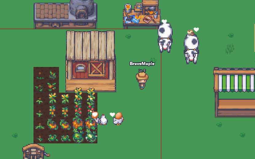 A developed farm in RANCHO — crop rows, cows, chickens, a workshop and a market stall