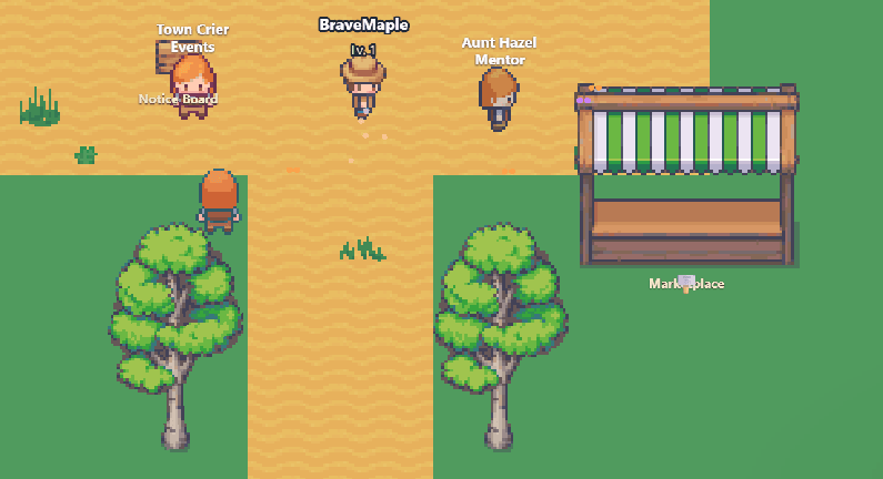 Hearthford — the living town hub in RANCHO, with NPCs, the notice board and market stalls